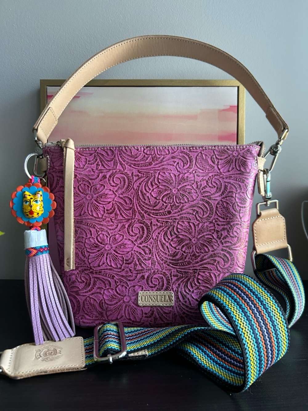 🌸 Consuela Pink Mena Tooled Leather Wedge Hobo Shoulder Crossbody Bag NWOT